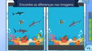 Tela do jogo Praia exibe jogo dos sete erros com uma imagem do fundo do mar repleta de peixes, corais e tubarões. Sugestão de férias 1.