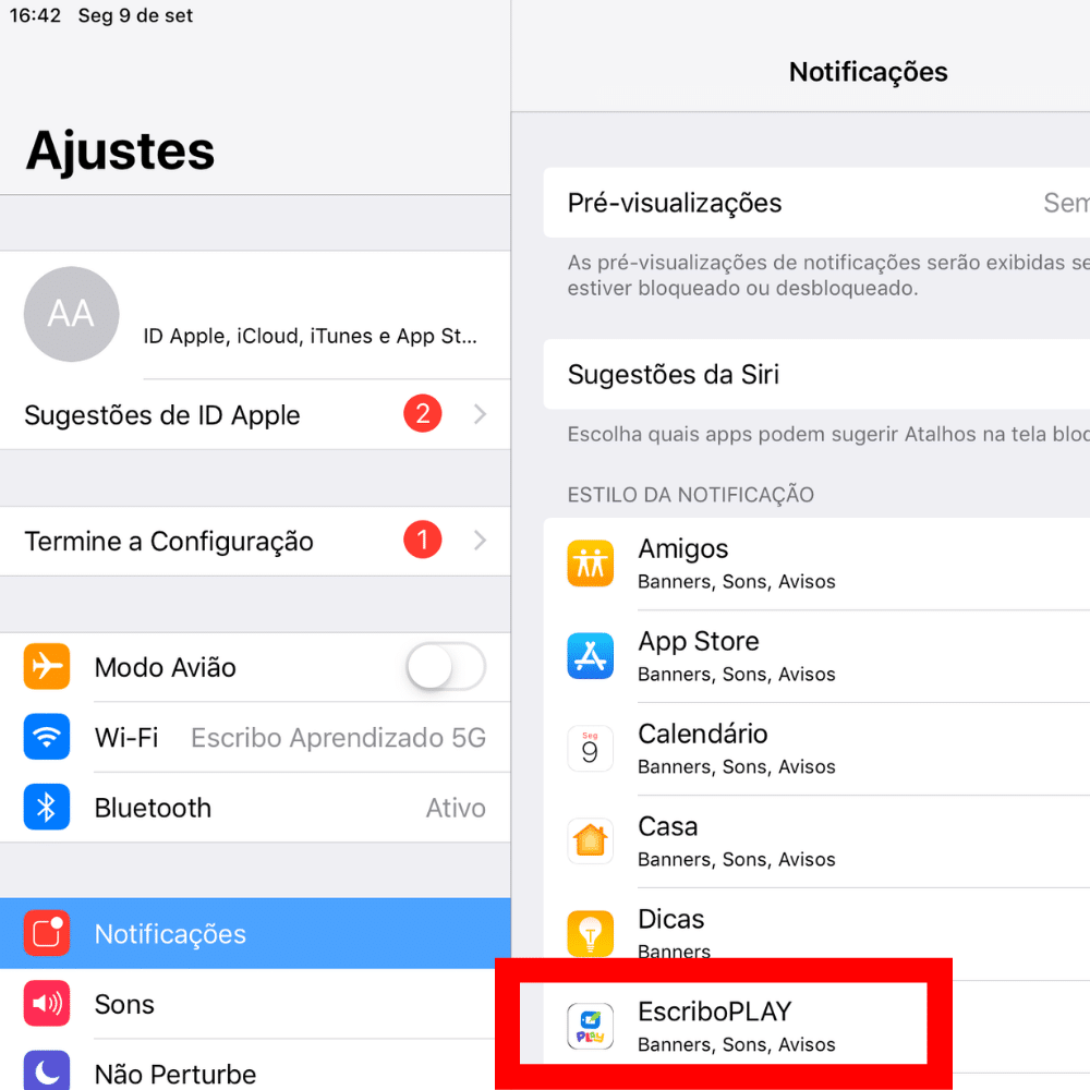 Parte do caminho para as notificações do Escribo Play na versão iOS: acesse o menu Ajustes, Notificações e depois o app Escribo Play