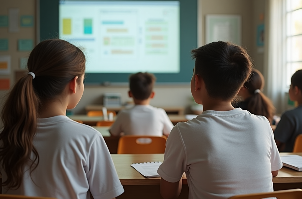 Crie uma imagem ultrarrealista que represente um grupo de estudantes universitários em uma escola informal, usando roupas leves como camisetas. A cena deve mostrar jovens colaborando em computadores com elementos que remetam à inteligência artificial, num ambiente descontraído e inovador.