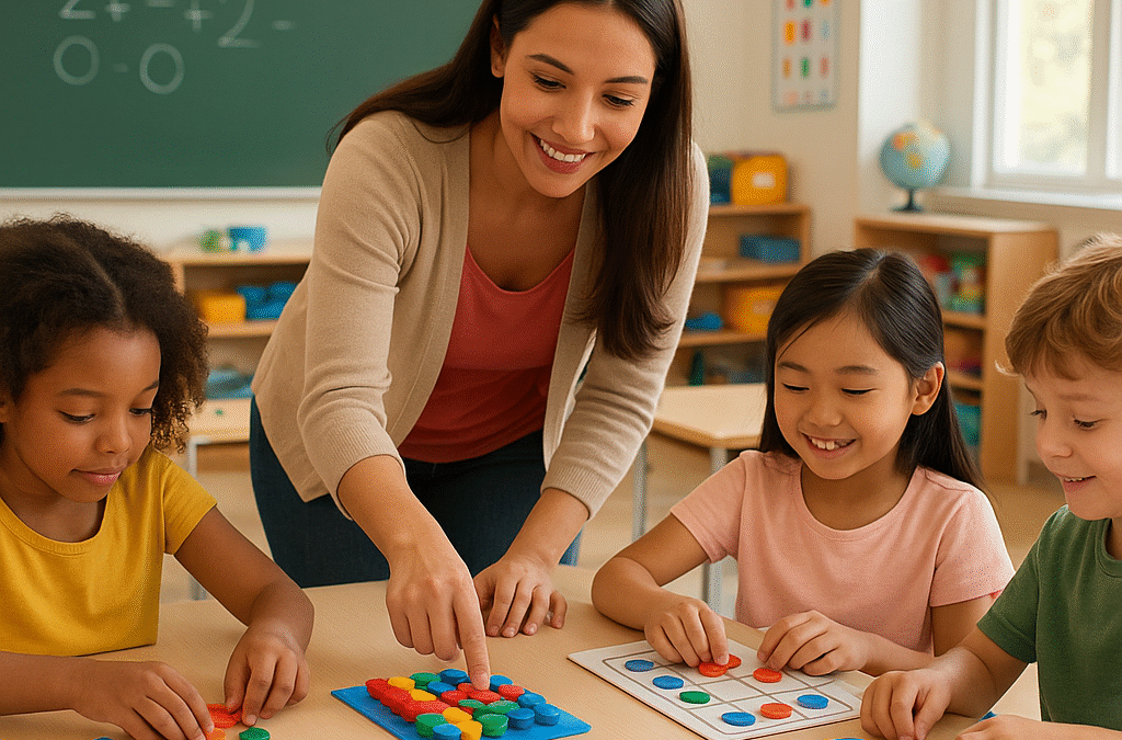 Modern elementary school classroom scene with young students engaging in hands-on mathematics activities, teacher guiding children with colorful manipulatives and problem-solving games, bright and welcoming educational environment, diverse group of happy children working collaboratively on math problems, natural lighting, positive and encouraging atmosphere, no text