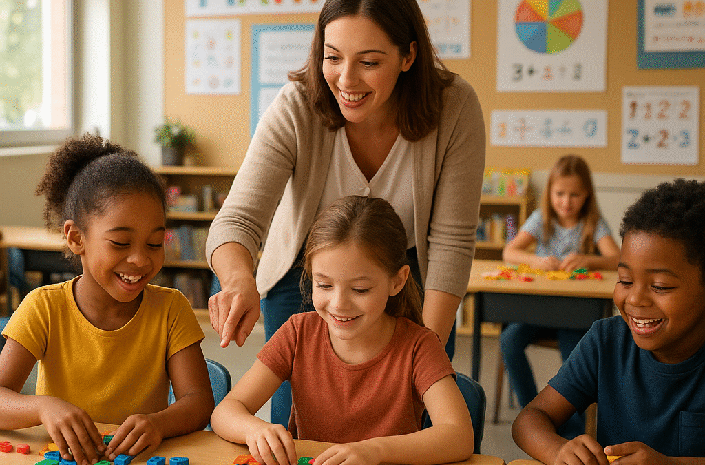 A warm and inviting elementary school classroom scene with young children engaged in hands-on math activities, colorful manipulatives on tables, an enthusiastic teacher guiding students, math concepts displayed on walls with visual aids, bright natural lighting, modern educational environment, children showing joy and curiosity while learning, diverse group of students collaborating, positive and encouraging atmosphere, photorealistic style