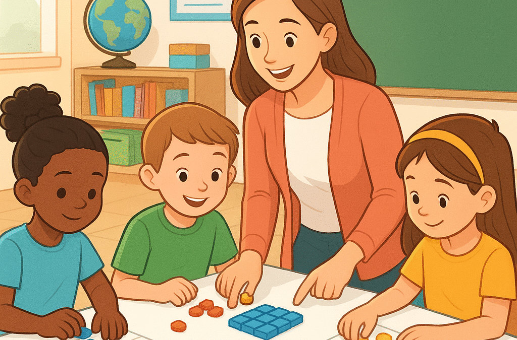 A bright and modern elementary school classroom scene showing children engaged in mathematics learning activities, counting colorful manipulatives like blocks or counters on a clean white table, with a warm and focused teacher guiding them, natural lighting, educational materials organized neatly in the background, positive and encouraging atmosphere, illustration style, no text in image