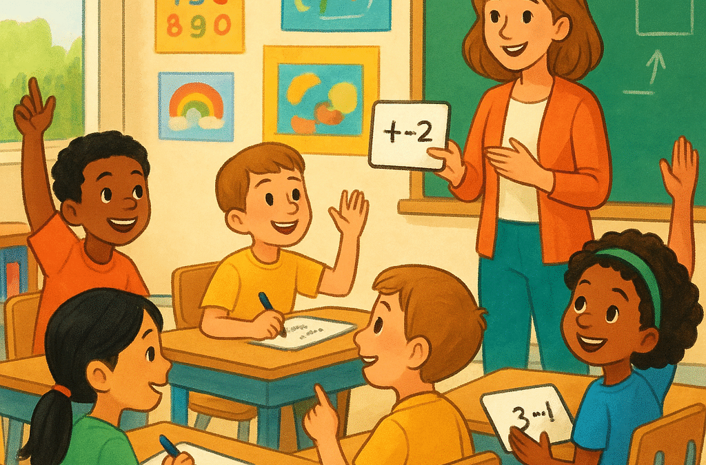 Vibrant elementary school classroom scene with diverse students actively engaged in collaborative learning, teacher facilitating interactive lesson with small whiteboards, children raising hands enthusiastically, colorful educational posters on walls, natural lighting, positive and modern educational environment, warm and welcoming atmosphere, illustration style, no text