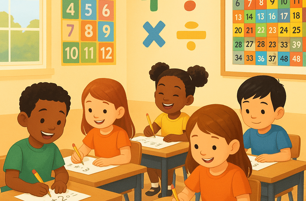 A bright and modern elementary school classroom scene showing diverse young children happily practicing math exercises at their desks, with colorful number charts and mathematical symbols on the walls, a smiling teacher observing encouragingly in the background, warm natural lighting, positive and engaging learning environment, educational illustration style, no text