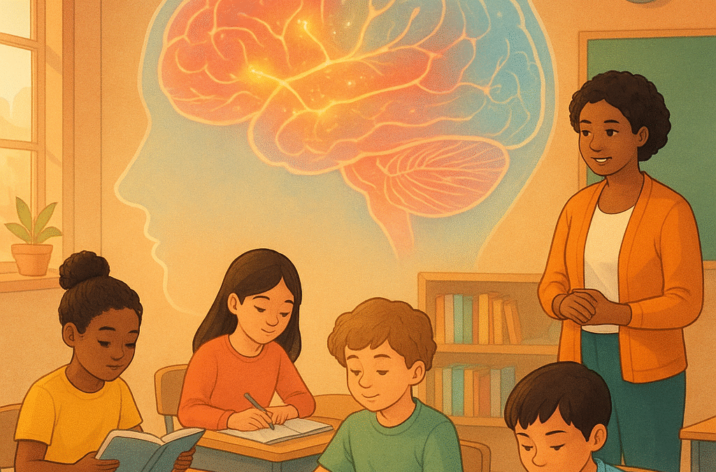 A warm and modern illustration of a school classroom with a diverse group of elementary students engaged in reading and writing activities, with a caring teacher observing. In the background, a subtle translucent overlay of a colorful brain with highlighted neural pathways glowing softly, connecting visual and language areas. The scene conveys innovation, learning, and neuroscience in education. Bright, positive colors with natural lighting. No text in image.