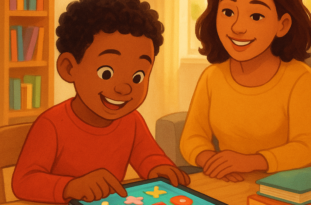 Warm illustration of a happy elementary school child using a tablet at home with colorful math games on screen, parent sitting nearby smiling encouragingly, cozy home environment with books and educational materials, bright natural lighting, modern and positive atmosphere, diverse family, no text