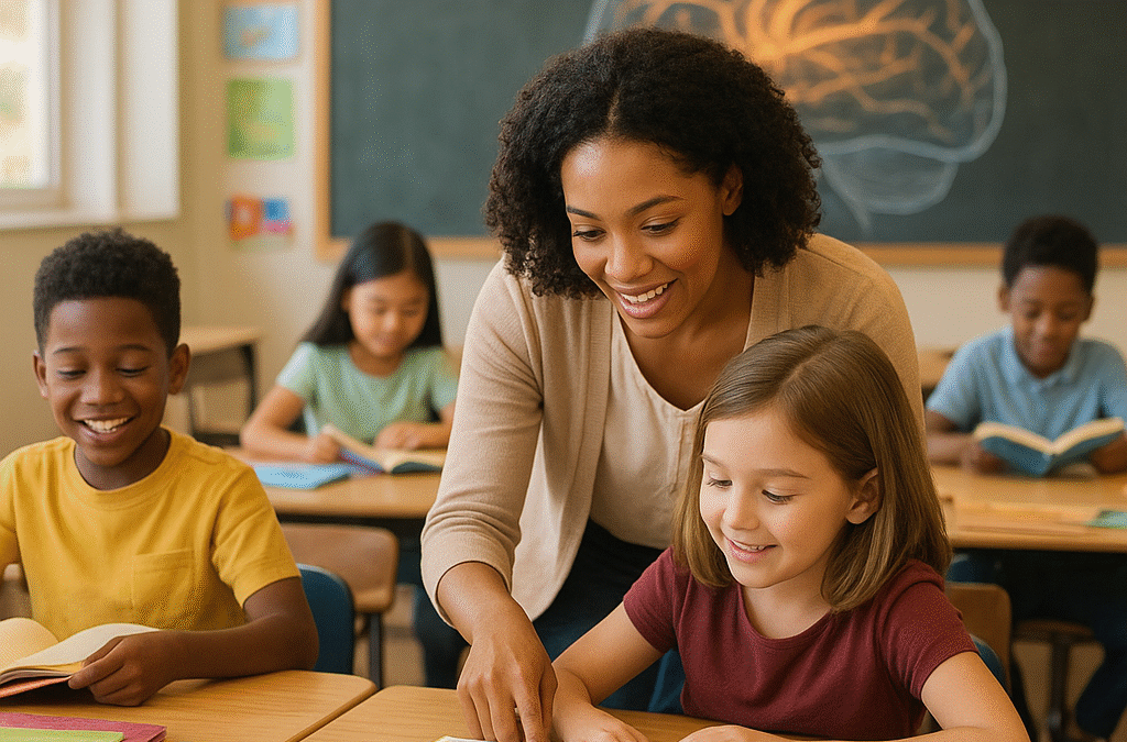 Elementary school classroom with diverse children engaged in reading activities, teacher guiding students with patience, colorful books spread on tables, illustrated brain with highlighted neural pathways in background, warm natural lighting, positive learning atmosphere, modern educational setting, children showing curiosity and joy, professional educational photography style