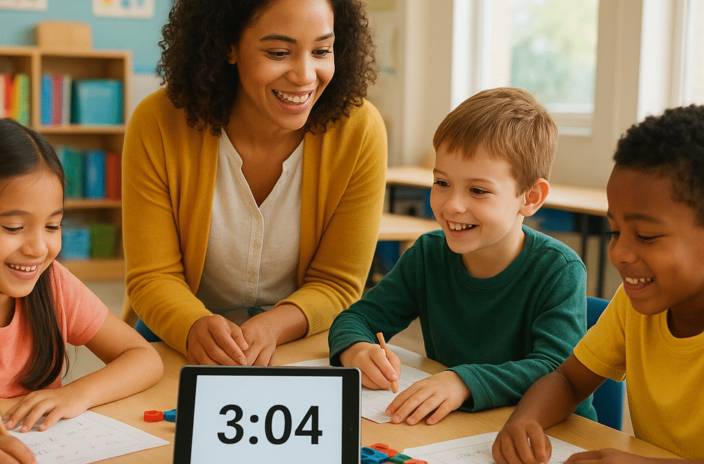 A bright and modern classroom scene showing diverse elementary school children happily engaged in short math exercises, with a smiling teacher guiding them. Digital timer showing 3-4 minutes on a tablet. Warm, inviting atmosphere with colorful math materials and positive student expressions. Photorealistic, educational setting, natural lighting, children aged 6-10 years old.