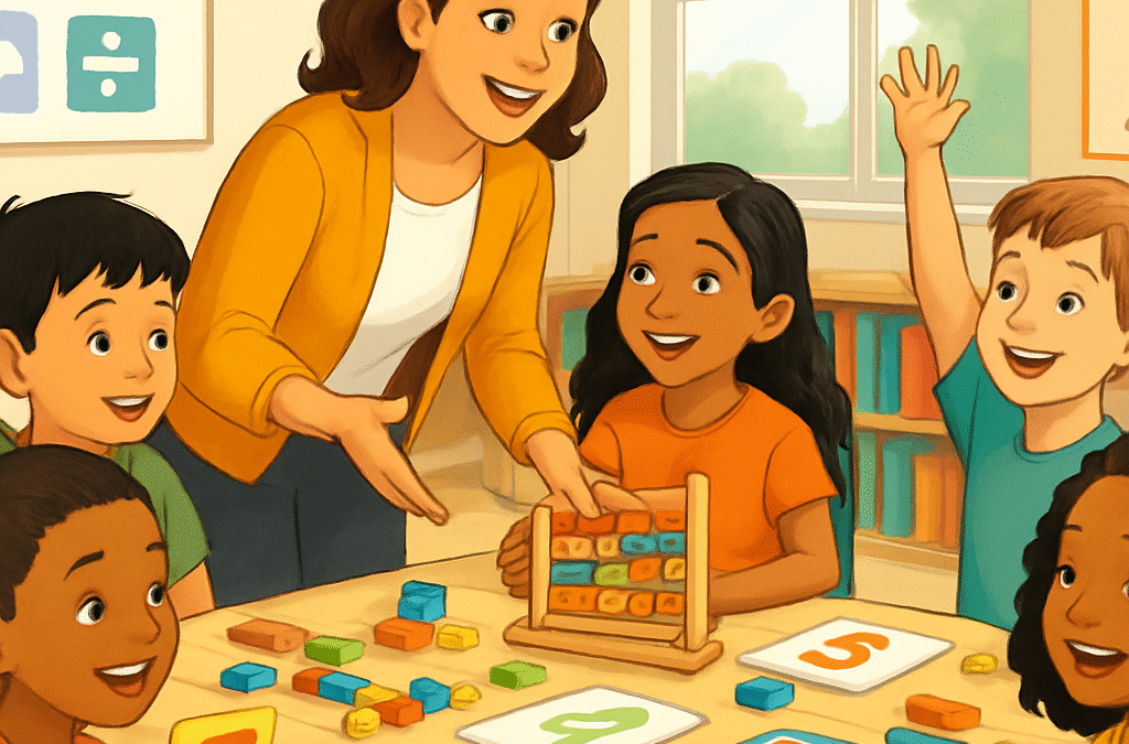 Illustration of a bright, modern classroom with diverse elementary school children engaged in an active, playful math lesson. Teacher enthusiastically guiding students through hands-on mathematical activities with colorful manipulatives, number cards, and interactive games. Children smiling, participating, raising hands, showing joy while learning mathematics. Warm, inviting educational environment with natural lighting, positive atmosphere, contemporary school setting. No text overlay.