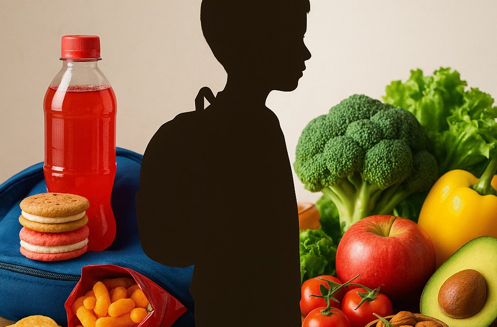 Imagem conceitual dividida em duas metades contrastantes: de um lado, alimentos ultraprocessados coloridos como refrigerantes, biscoitos recheados e salgadinhos empilhados sobre uma carteira escolar, com cores vibrantes mas artificiais; do outro lado, alimentos saudáveis como frutas frescas, vegetais coloridos e proteínas naturais organizados de forma atraente, com iluminação natural e cores vivas. Ao centro, uma silhueta de criança em idade escolar conectando os dois lados. Estilo fotográfico profissional, iluminação natural, foco nítido, composição equilibrada, transmitindo a importância da escolha alimentar no ambiente escolar.
