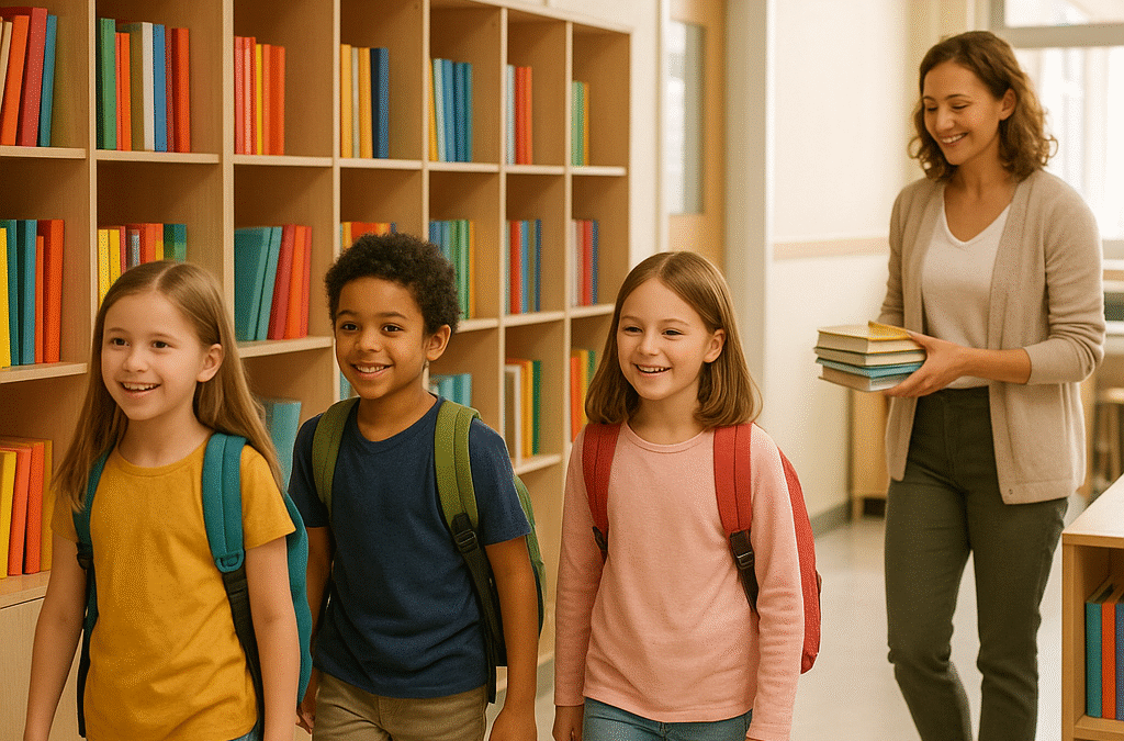 A warm and modern school classroom scene showing organized storage lockers or cubbies with colorful textbooks neatly arranged inside, happy elementary students with light backpacks walking through a bright corridor, a friendly female teacher organizing books on shelves, natural lighting, positive and organized atmosphere, contemporary educational environment, focus on student wellbeing and school organization, no text