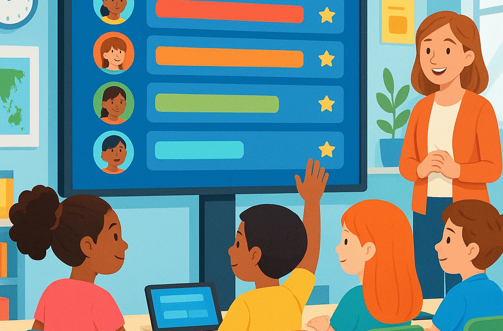 Modern classroom scene with diverse students looking at a digital leaderboard display showing learning progress and rankings, bright and motivating atmosphere, teacher smiling encouragingly in background, colorful educational technology, positive and engaging school environment, illustration style, no text