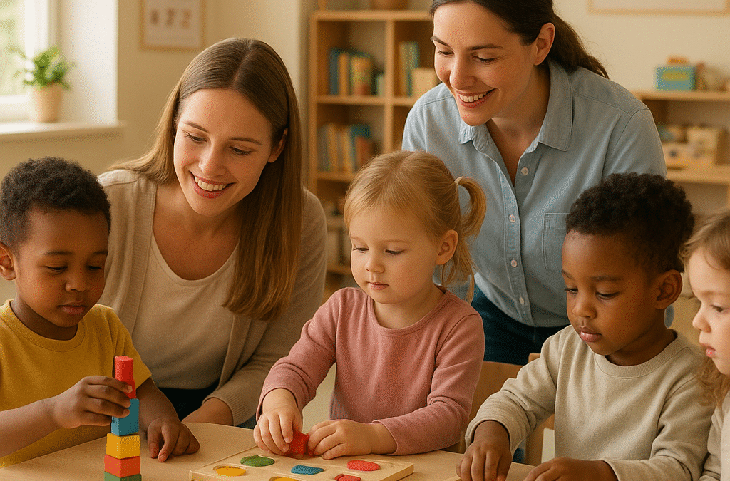 Warm and hopeful illustration of early childhood education setting, showing caring educators supporting young children in a bright, modern kindergarten classroom, diverse group of toddlers engaged in learning activities, professional female teachers interacting positively with small children, educational toys and books visible, soft natural lighting, contemporary school environment, emphasis on safety and nurturing atmosphere, photorealistic style with optimistic mood