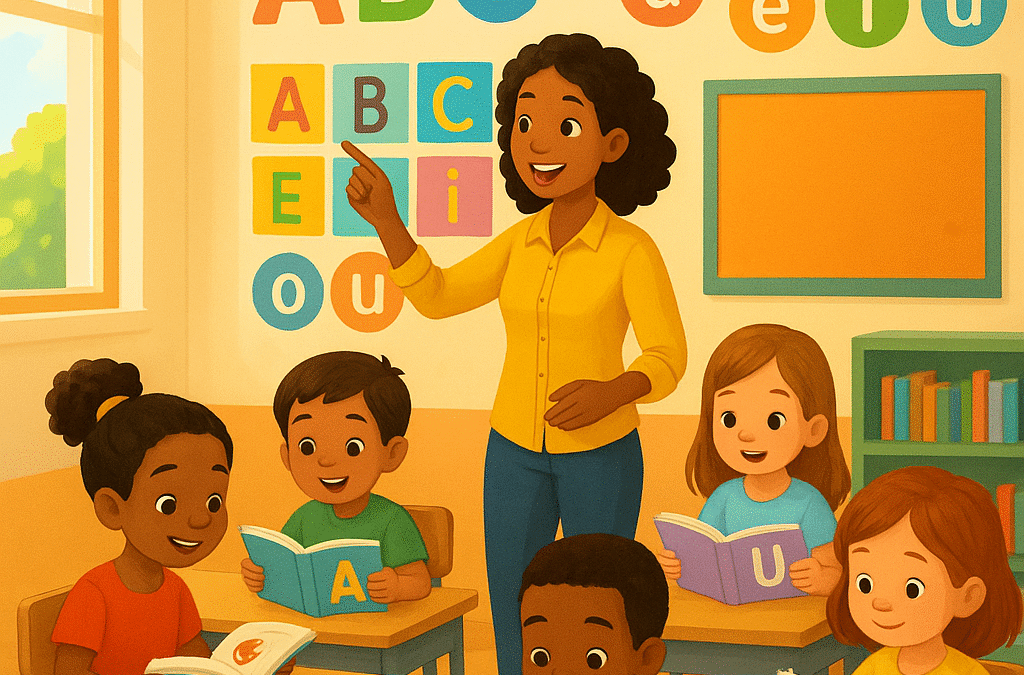 Bright and modern Brazilian elementary school classroom scene, young children aged 5 learning phonics with an enthusiastic teacher, colorful alphabet letters and phonetic symbols on walls, students engaged in reading activities, warm natural lighting, positive educational atmosphere, diverse group of children, contemporary learning materials, vibrant and welcoming environment, digital illustration style, no text