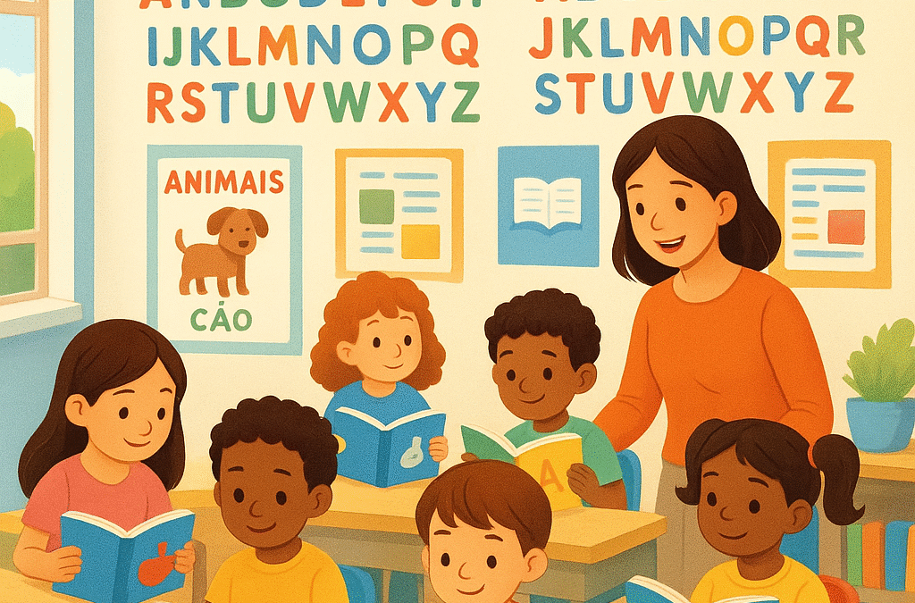 A bright and modern bilingual classroom scene with young elementary students engaged in literacy activities, showing diverse children reading books in both Portuguese and English, colorful alphabet letters on walls in both languages, a warm and encouraging teacher guiding students, natural lighting, educational posters, positive learning environment, vibrant colors, illustration style, no text overlay