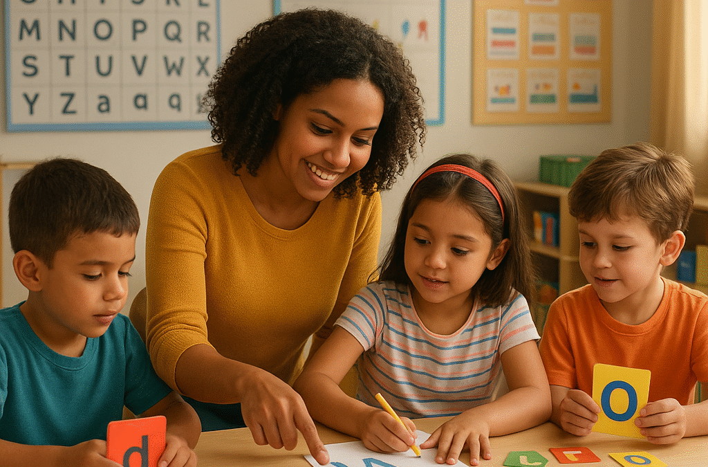 A warm and modern Brazilian elementary school classroom scene showing a dedicated female teacher working with young students on literacy activities. Children are engaged with colorful learning materials, alphabet cards, and phonics tools. The atmosphere is bright, hopeful and encouraging, with natural lighting. The teacher is helping a small group of children practice reading and writing, showing personalized attention. Educational posters and learning resources visible on walls. Photorealistic style, positive and professional environment.