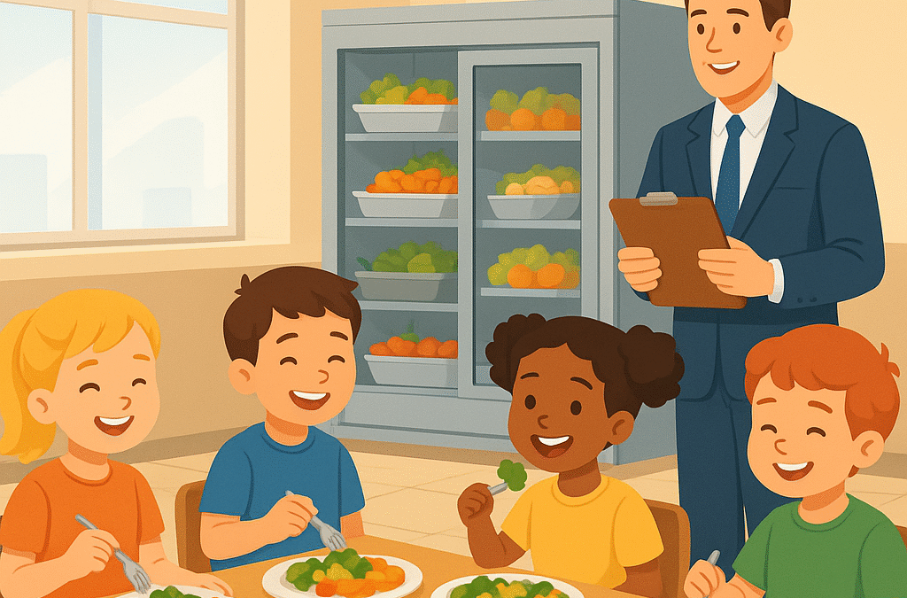 Modern school cafeteria scene with happy elementary children eating healthy meals, school administrator with clipboard overseeing food storage area, security camera visible on wall, bright and clean environment, professional illustration style, warm lighting, positive and organized atmosphere, no text